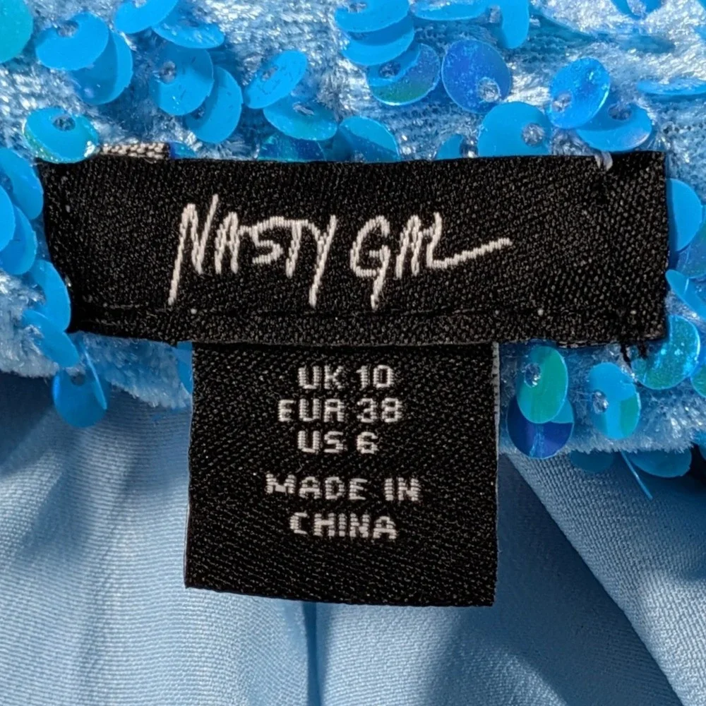 Nasty Gal $326 Size 6 Teal Blue Sequin Two Piece Set Cropped Blazer Flare Pants - Picture 3 of 16